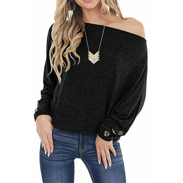 Women's One-Word Neck Shoulder Button Pullover Off-Shoulder Solid Loose T-shirt Blouse
