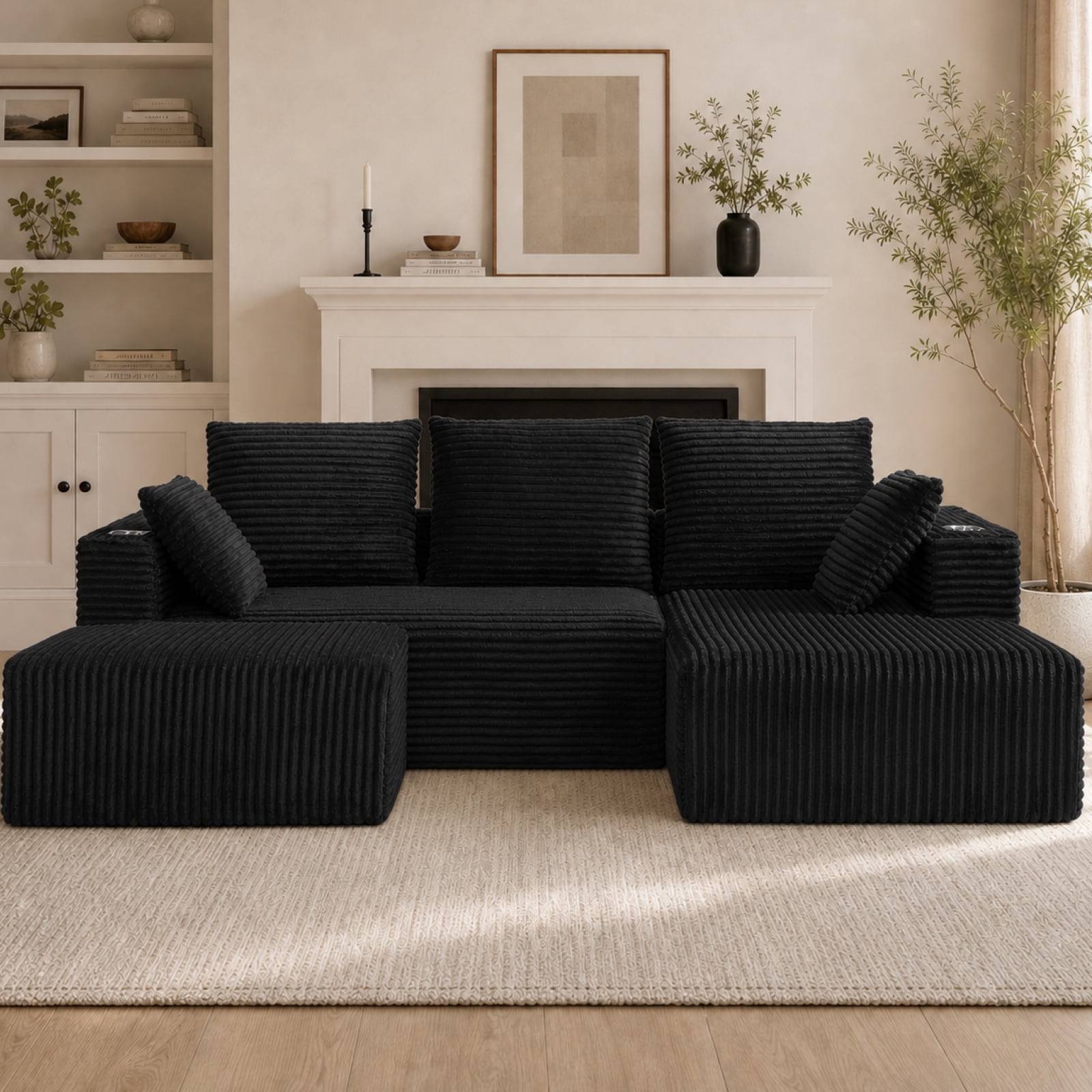 95'' 4 Seater Boneless L Shape Modular Sofa Couch with 4 Pillows, 2 Cup Holders and Ottoman