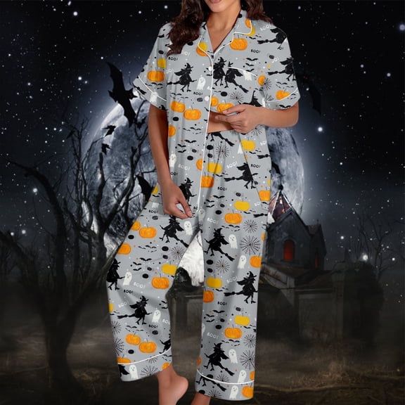 Halloween Pajamas Women Short Sleeve Satin Button Long Pants Outfit Comfortable Sleepwear Nightwear 2 Piece Women Pajama Sets Grey L