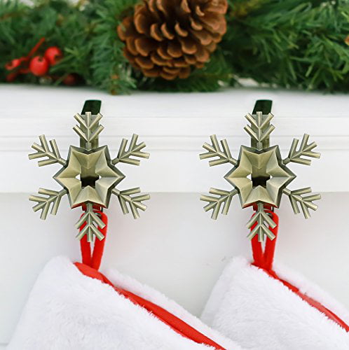 2-Pack Snowflake, Antique Brass Haute Decor MantleClip Stocking Holders with Removable ZINC Alloy Holiday Icons