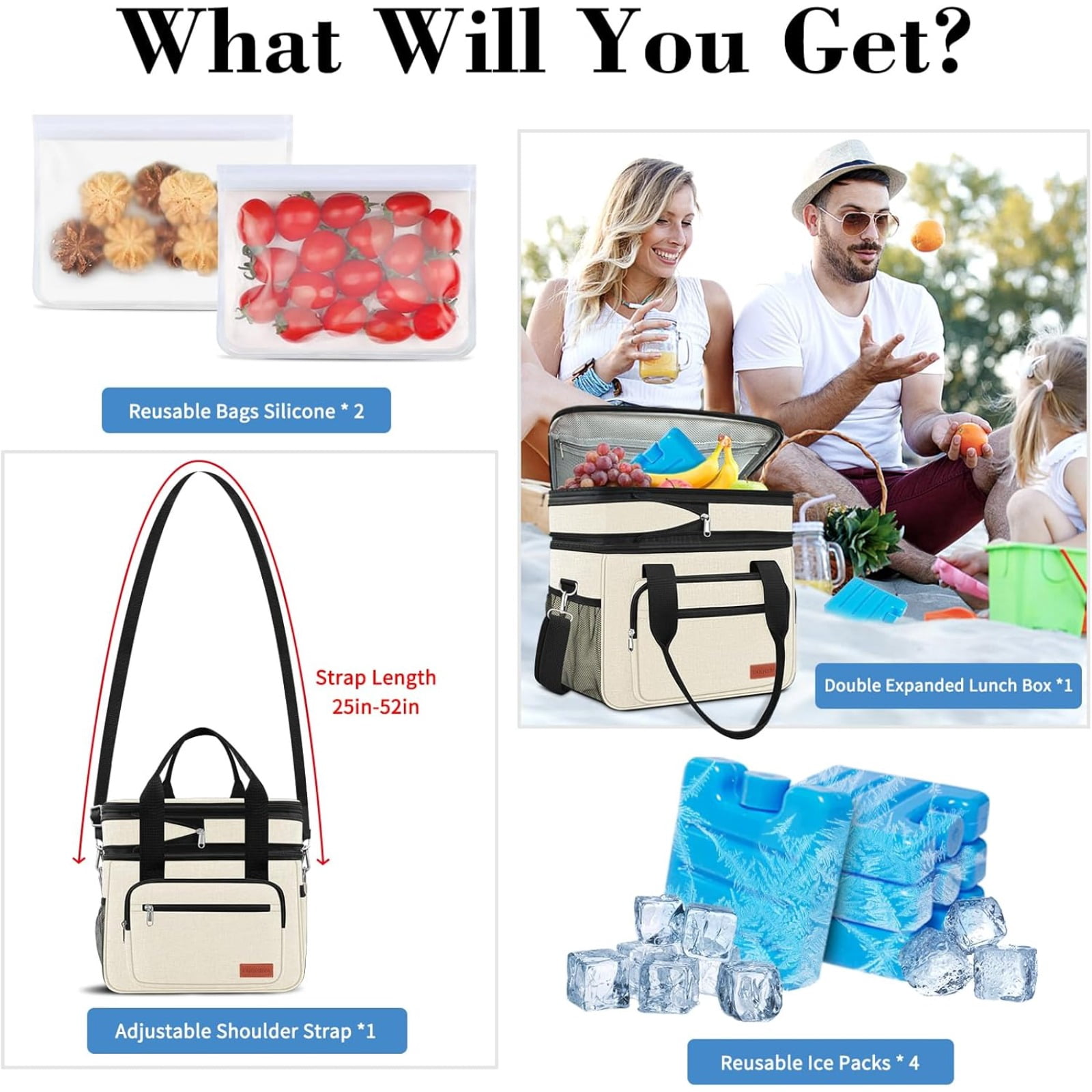 Large Expandable Insulated Lunch Bag for Men, 23L Double Deck Cooler with 4 Ice Packs & 2 Storage Bags