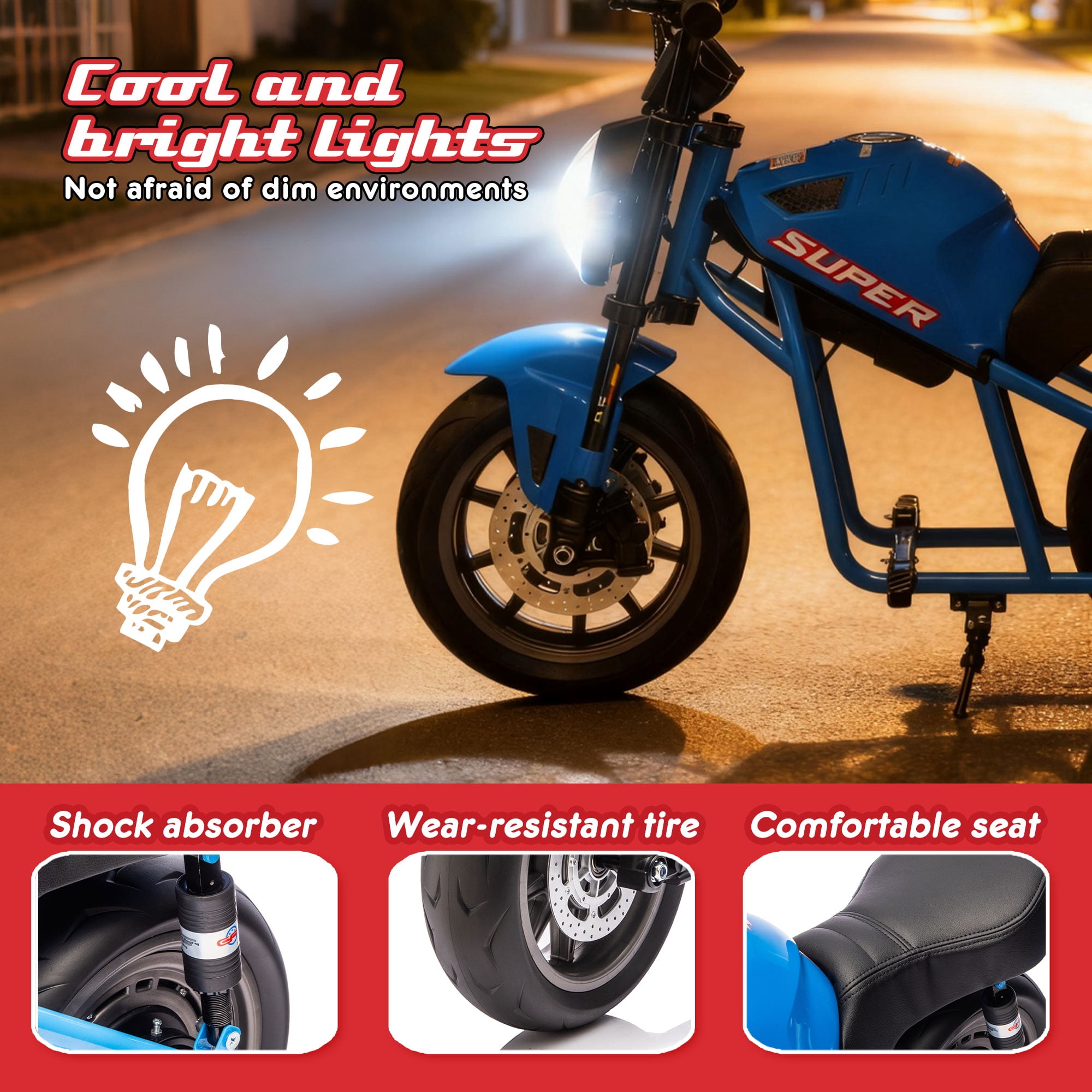 Aezusy 24V Electric Motorcycle for Kids, 300W Ride On Electric Dirt Bike 14in Widen EVA Wheels Muscle Motorcycle Toy for Kids 6+, Blue