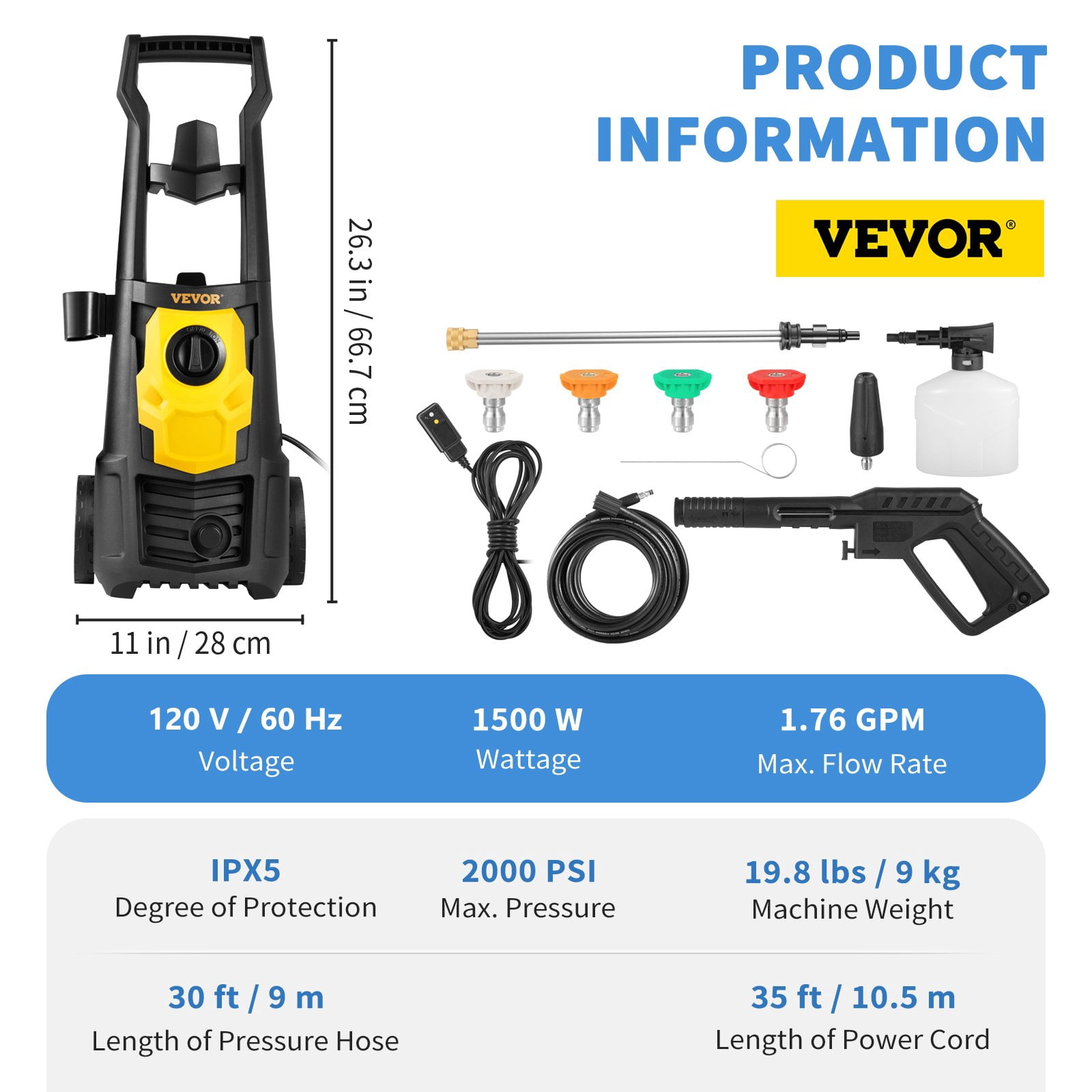 2000W Electric Powered Pressure Washer, 3380PSI 2 GPM Power Washer for Outdoor, High Pressure Cleaner w/Total Stop System, Safety Lock, 4 Nozzles, Soap Bottle