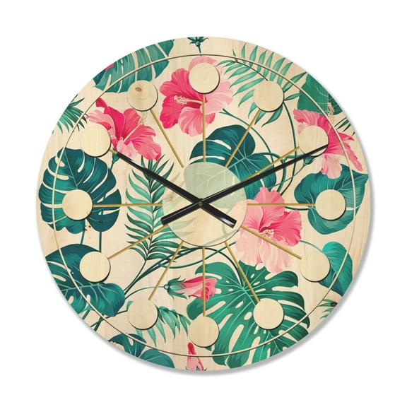 Designart 'Flowers and Tropical Botanicals I' Mid-Century Modern Wood Wall Clock