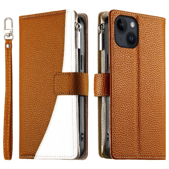 Funda cartera GANGXUN para iPhone 13 , cuero PU con tarjetero, cremallera, correa de mano, soporte y protección 794°