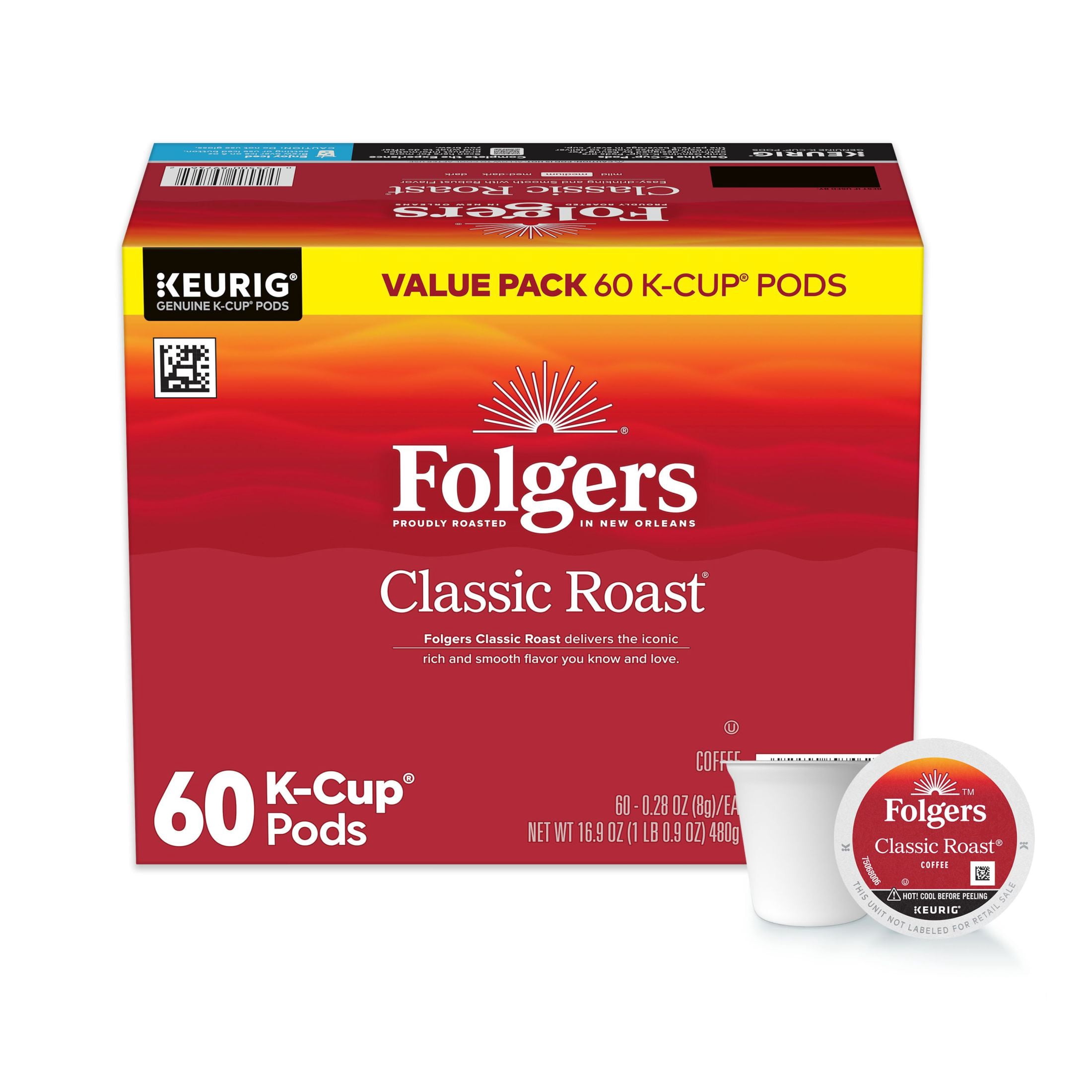 Folgers Classic Roast, Medium Roast Coffee, Keurig K Cup Pods, 60 Count Box