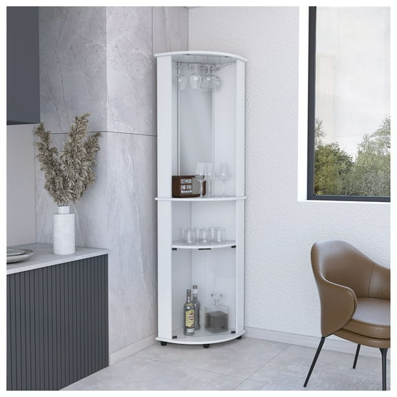 Chicago 75" H Mirrored Corner Bar Cabinet, Glass Doors, 2 Shelves & Stemware Rack, White Finish
