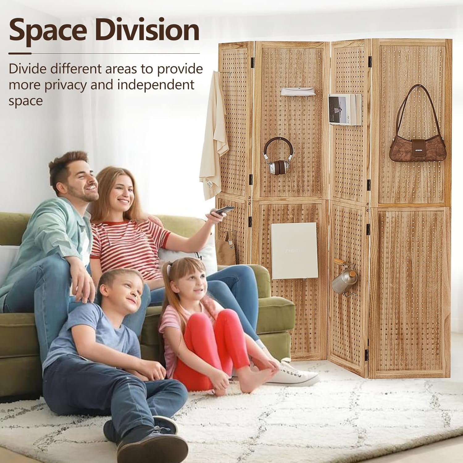 4 Panel Wooden Room Dividers, 5.6FT High Plug-in Folding Screen Made of Natural Wood, Pegboard Display for Bedroom and Shopping Malls and Jewelry Stores, Light Brown