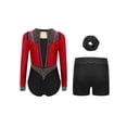 thumbnail image 2 of TTAO Kids Girls Rhythmic Gymnastic Leotard Sparkly Long Sleeve Athletic Dance Biketard with Shorts Hairband Set Burgundy Black 14, 2 of 3