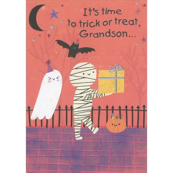Designer Greetings Cute Mummy Walking While Carrying Gift, Ghost, Bat and Pumpkin Halloween Card for Young Grandson