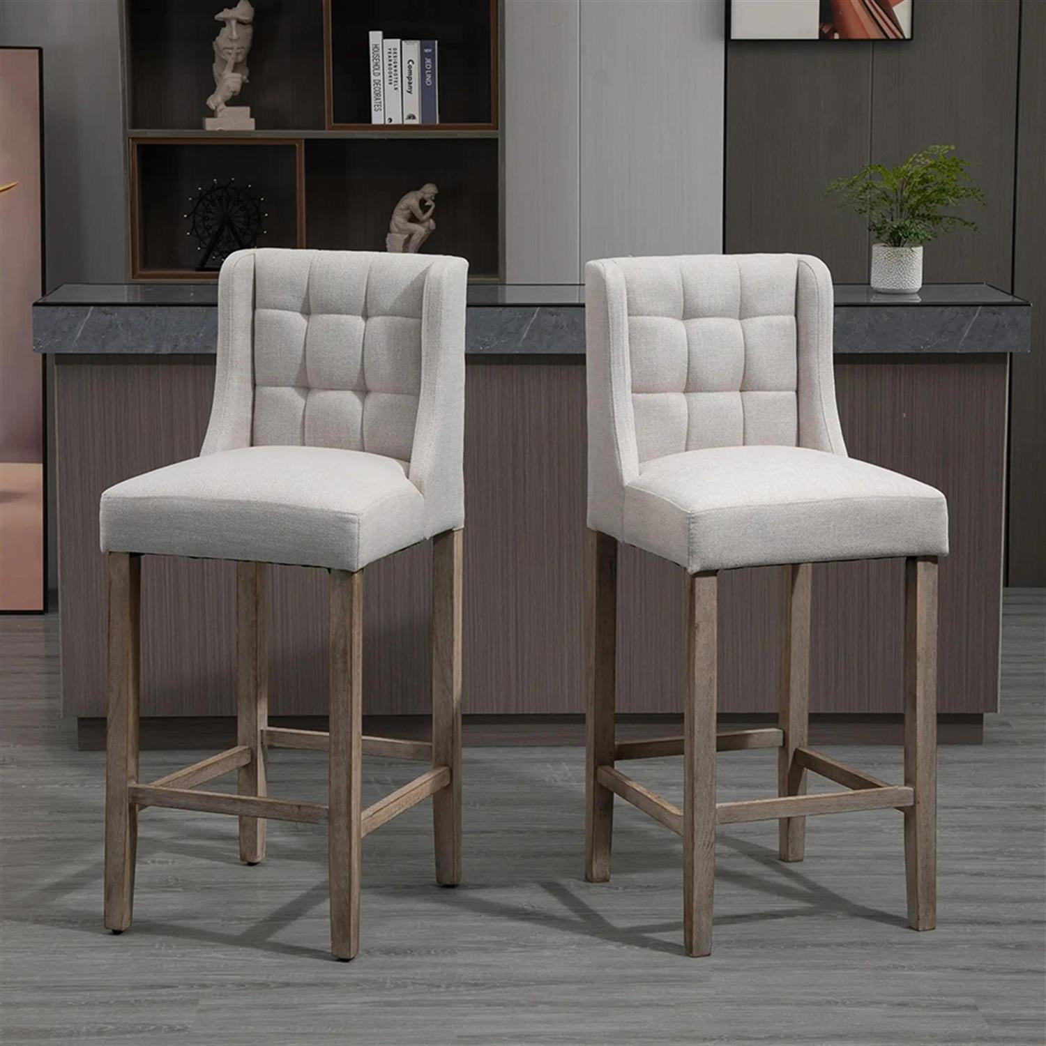 Demi Bonn Modern Bar Stool Set of 2, Cushioned Bar Height Stool with Button Tufted Upholstered Back and Rubber Wood Legs for Kitchen, Dinning Room, Beige