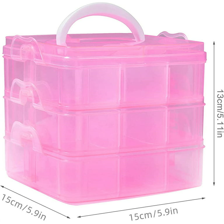  YARNOW Clear Double Layer Plastic Storage Box, 6. 9 x 4. 9 Inch  Portable Handled Storage Case, Multipurpose Organizer with Removable Tray  for Stationery Art Craft (Pink)