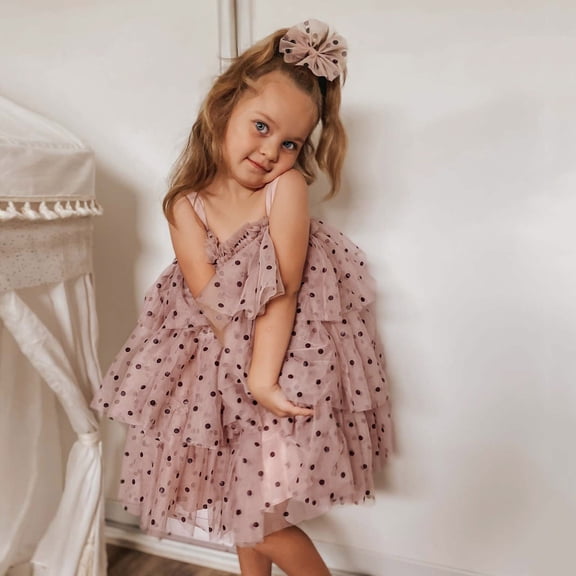 HAYIMI Child Girls Polka Tiered Dress Tutu Party Gown Strapless Square Collar Sleeveless O-Neck Formal Occasion Fashionable Special Occasion Back To School Swing Flowy Kids Sundress