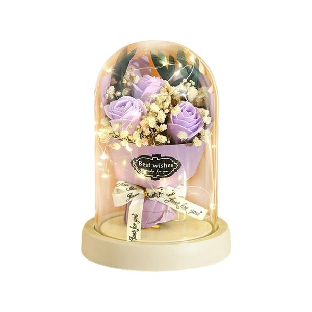 Ramos de flores de jabón, flores preservadas, jabón en cúpula de cristal para aniversario Violeta