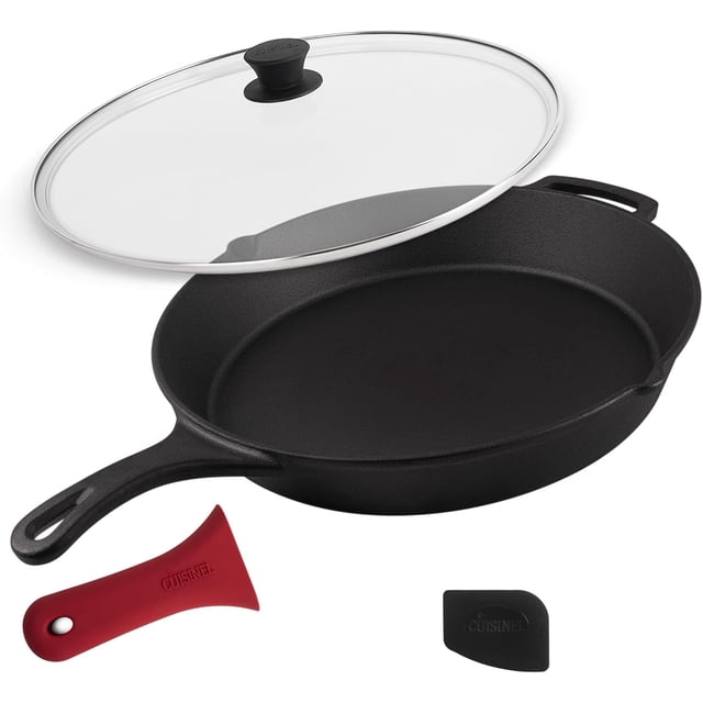Ensemble de Poêles en Fonte + Couvercles en Verre &#;+&#;+&#;Poêles à Frire + Couvercles Porte-Poignée en Silicone Batterie de Cuisine pour Four Pré-Assaisonnée Utilisation Intérieure/extérieure Gril Cuisinière Camping F