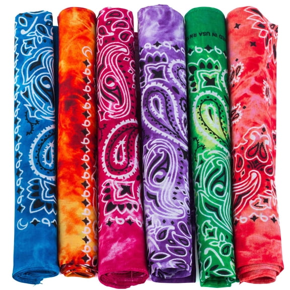 Tie Dye & Paisley Bandanas - 6 Pack Colorful Cotton Bandanas