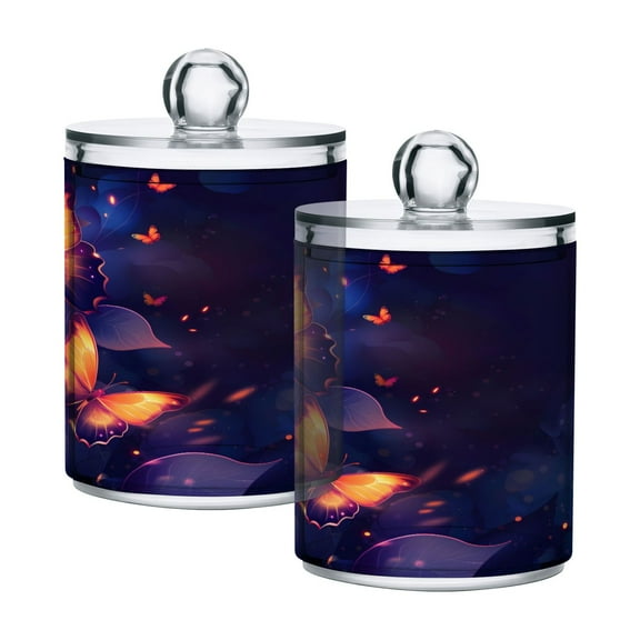 2 Pack Qtip Holder Dispenser Glow Light Butterflies Clear Plastic Storage Apothecary Jars for Cotton Swabs Balls Pads Floss