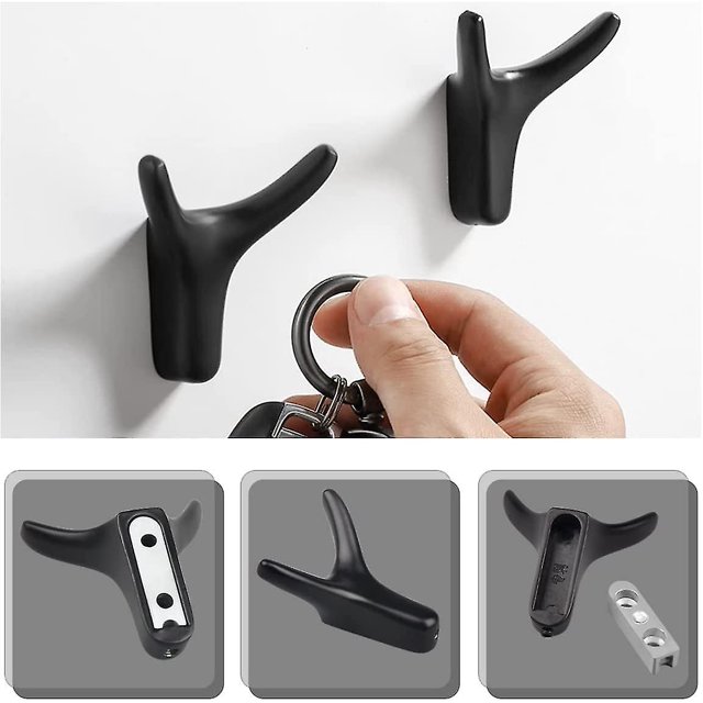 4 ganchos para abrigos de pared doble de alta resistencia, ganchos de pared de aleación de zinc macizo, ganchos de puerta para entrada, dormitorio, sala de estar, cocina, tornillos incluidos (negro ma Afortunado Sencillez