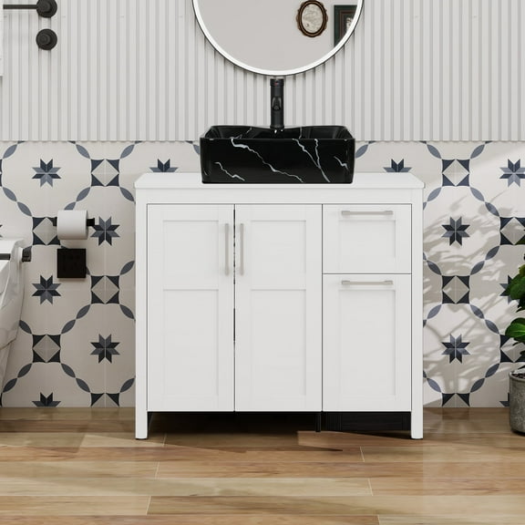 ELECWISH 36 Inches Bathroom Vanity in White Finish with Square Ceramic Vessel Sink, Single Bathroom Vanity with Top, 2-Door Cabinet and 2 Drawers
