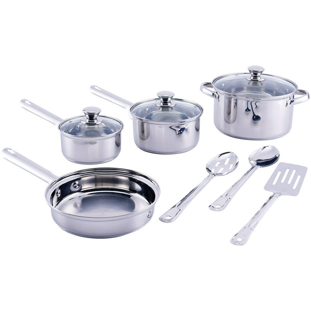 Mainstays Stainless Steel 10 Piece Cookware Set, with Kitchen Tools