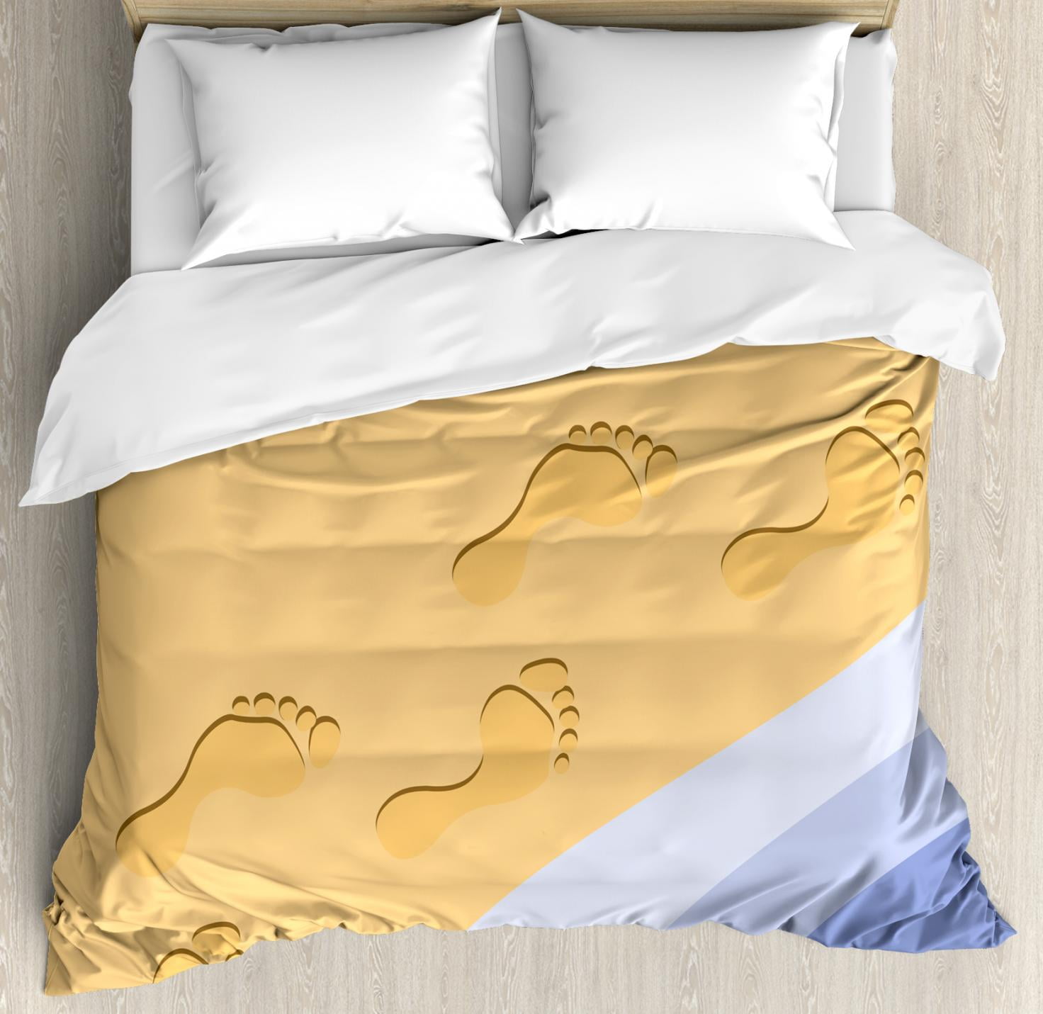 Modern Duvet Cover Set Footprints Sand Realistic Print Near Ocean Waves Digital Image Decorative Bedding With Pillow Shams Baby Blue Purple