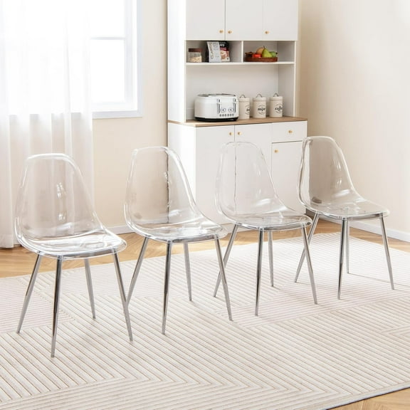 JUFU Clear Dining Chairs Set of 4, Clear Acrylic Dining Chairs with Silver Metal Legs, Modern Kitchen Seating