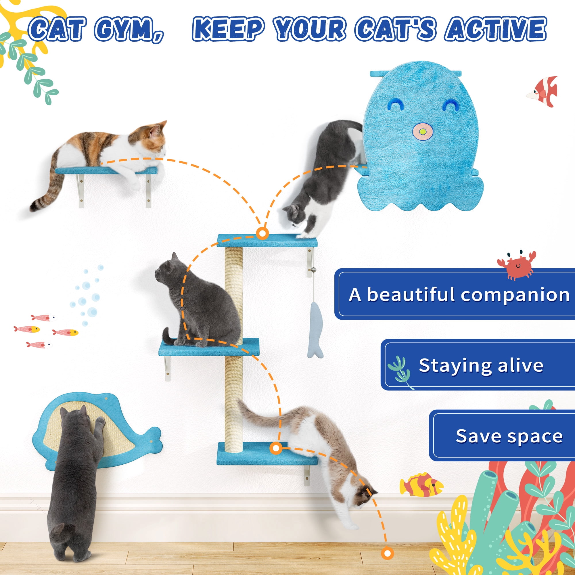 Cat Wall Furniture，Sturdy&Safe 4 in 1 Cat Wall Shelves,Fashion Unique Wooden Cat Climber with Cat House，Scratching Board & Cat Tree（Ocean Blue）