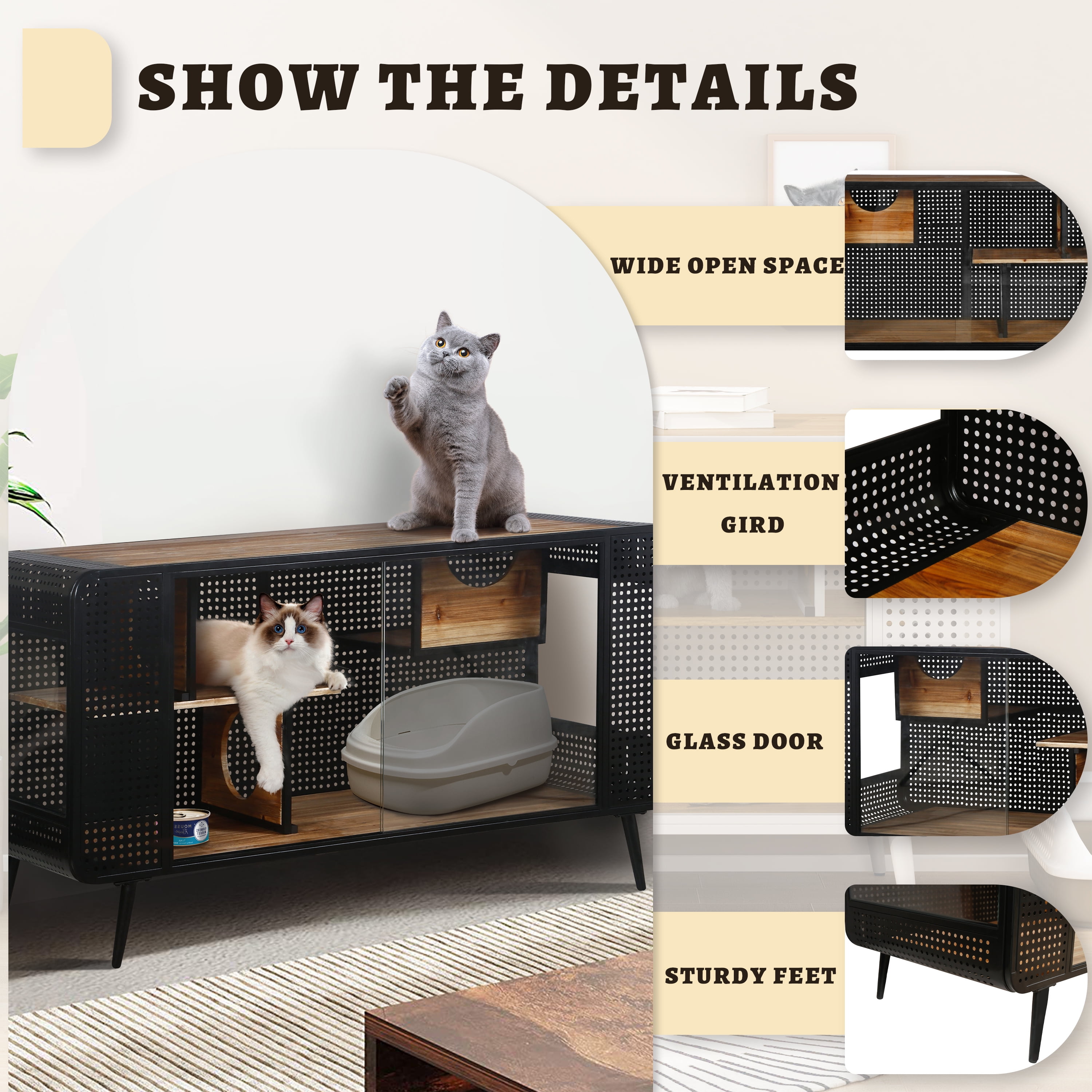 ZephyPaws Cat Litter Box Enclosure,Spacious Side Table Cat House with Tempered Glass,Hidden Litter Box Furniture for Indoor Cat,Large Enclosed Litter Box House,Black+Brown