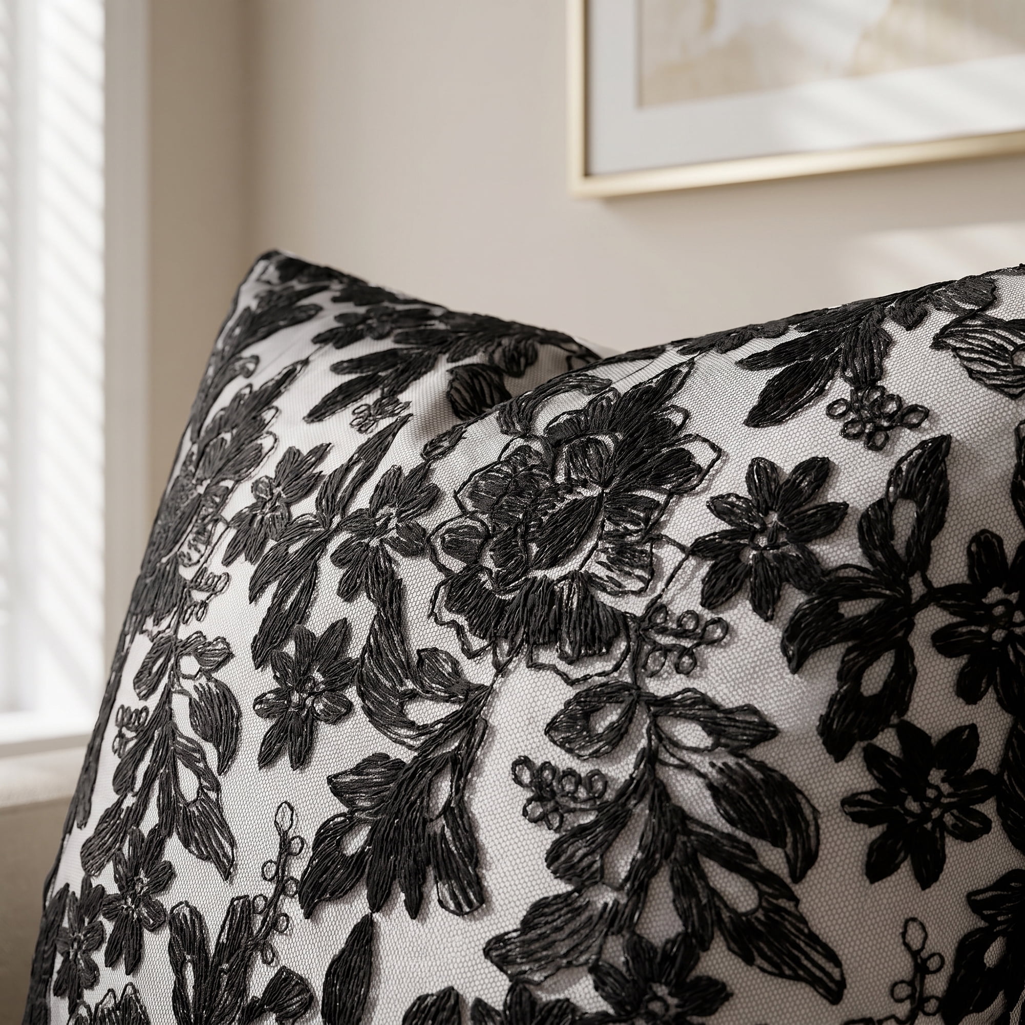 Unique Bargains Elegant Vintage Floral Throw Pom-Pom Pillow Covers Black 18" x 18"