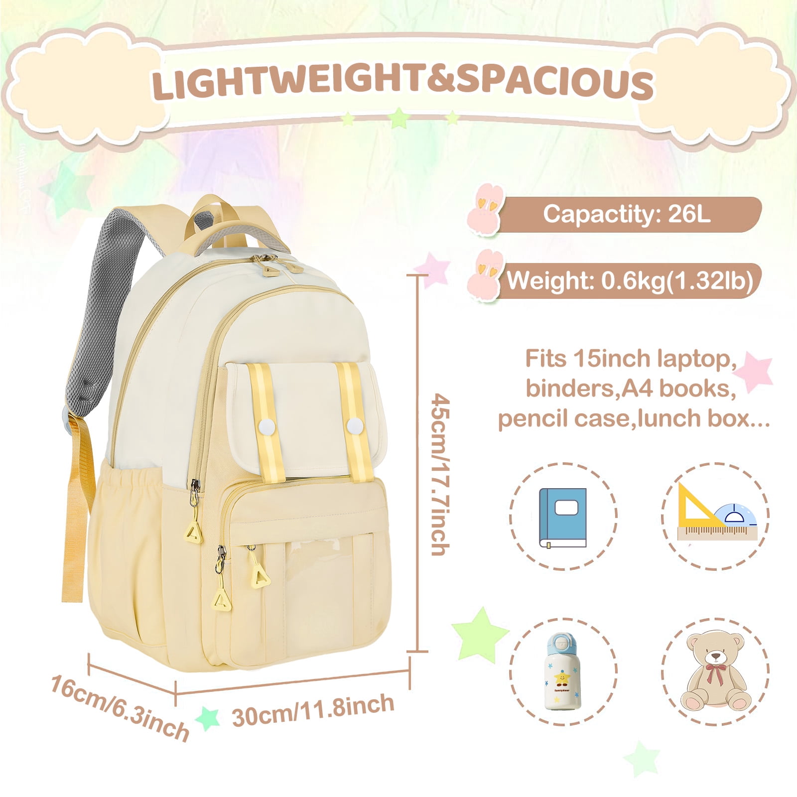 DAKIMOE Kids Backpack, Large Capacity School Bookbag for 15.6 Inch Laptop, Water-Resistant Cute Girl Backpacks for Teen adults, Lightweight Travel Daypack for Middle School College