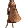 thumbnail image 3 of Sunloudy Vestido casual para mujer, cuello en V, manga larga, color sólido, cintura alta, plisado, vestidos largos con cinturón Sunloudy S M L XL, 3 of 8