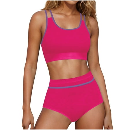 $10 & under UTSJKR Women s High Waisted Bikini Sets Cheeky Two Piece Swimsuits Color Block Sporty Bathing Suits High Cut Swimwear PINK M