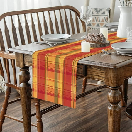 

Autumn Plaid Table Runner 13 x 72 inch fall Pumpkins color matching Happy Thanksgiving Halloween Fall Table Runners Linen Cotton Burlap Kitchen Table Runner for Family Dinner Parties Christmas & Party