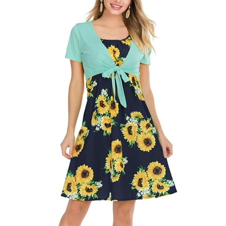 - UKAP Womens Short Sleeve Bow Tie Front Knot Loose Flowy Bandage Sunflower Print Mini Dress Suits Holiday Party Beach Dress