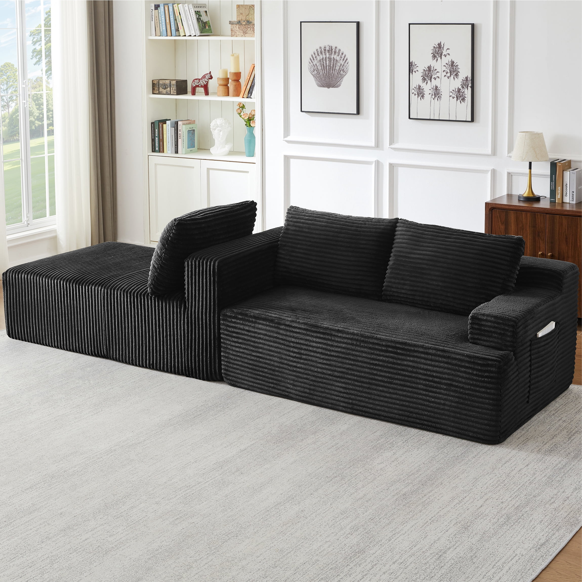 Vanress 96 Inch Modular Sectional Couches for Living Room, Modern Boneless Sofa, Upholstered Deep Seat Cloud Couch, Corduroy Comfy L-Shape Sofas Couches, No Assembly, Black (Left Facing Chaise)