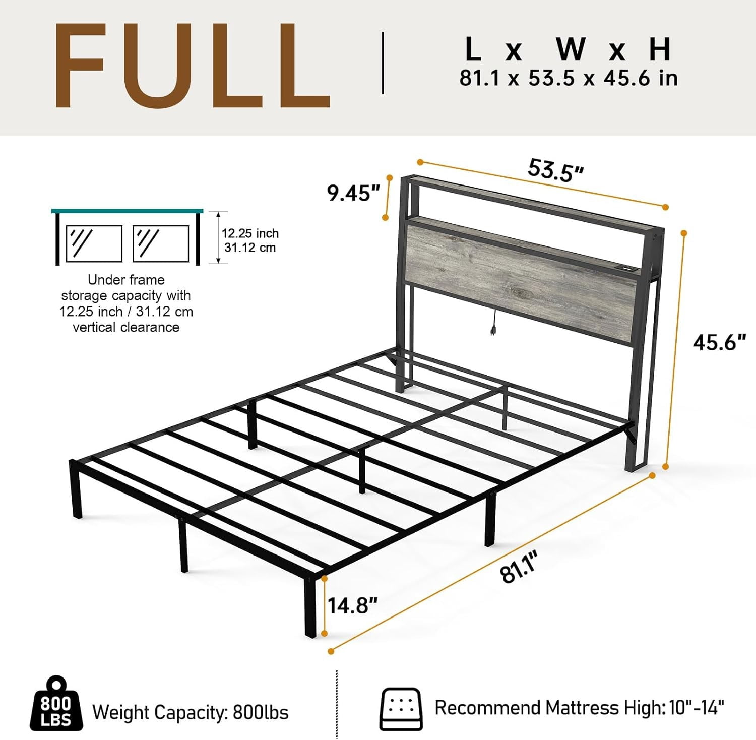 DRNANLIT Full Size  Bed Metal Platform Bed Frame with LED Lights Storage Headboard＆Charging Station,Noise Free, Easy Assembly, Rustic Grey