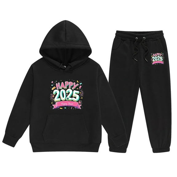Hwmodou Toddler Girls Outfit Sets Kids 2025 New Year Printing Middle And Large Long Sleeved Letter Print Hooded Top Sweater Pants Set,2-Piece,Size 2-13Y