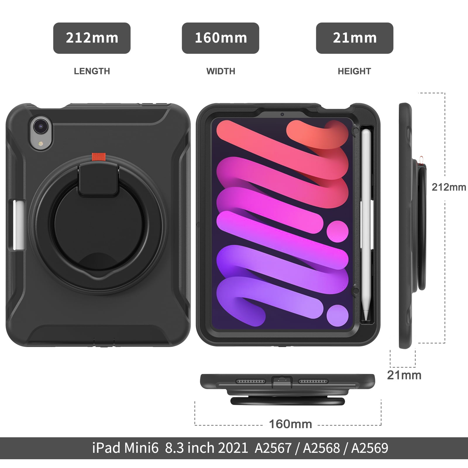 Portable Rugged Case for 2021 Apple iPad Mini 8.3-Inch (6th Generation 2021 Release) - Rotating Stand Handle Case, Built-in Pencil Holder, Lightweight Shockproof Hard Silicone/Plastic Cover (Black)