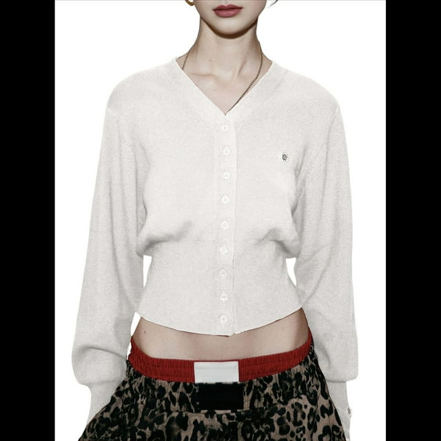 Cárdigan Corto de Larga con Cuello en V y Abertura Frontal para Mujer, Camisa de Otoño con Botones. M
