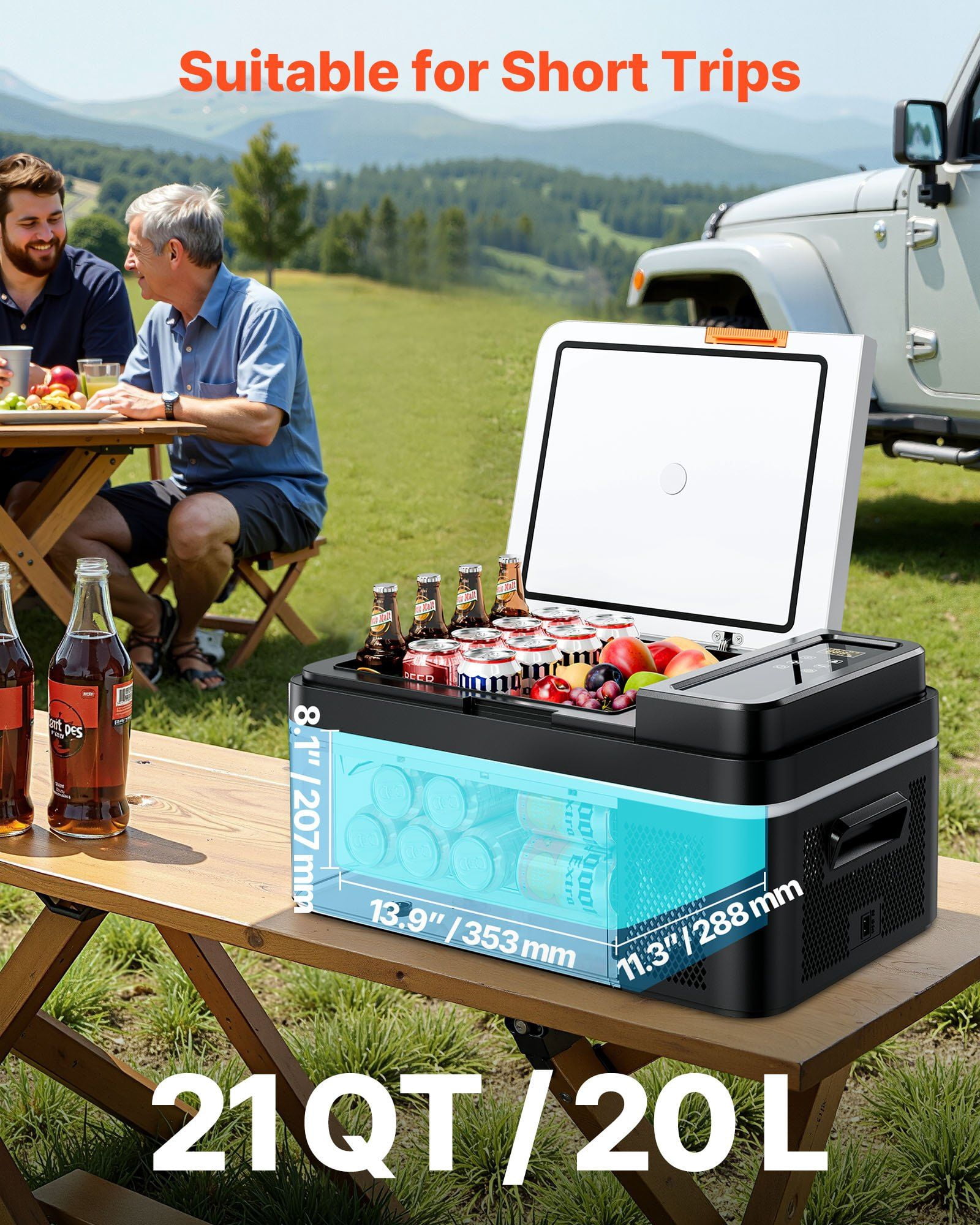 Car Refrigerator, DC 12/24V AC100-240V Compressor Electric Cooler, -4 ° F to 68 ° F Car Fridge with APP Control, 21 QT Cars Freezer for RVs, Campsites, Boats, Camping, Fishing, 60W Portable Freezer