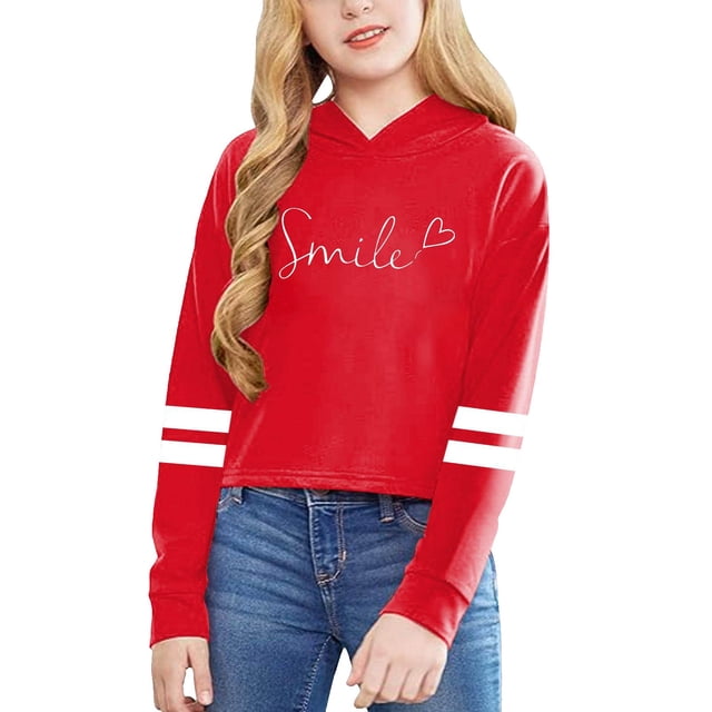 GDREDA Spring Sweatshirt Children Girls Long Sleeve Letters Solid Color Short Hoodie Hoodie Top For Large Children Red,8-9 Years