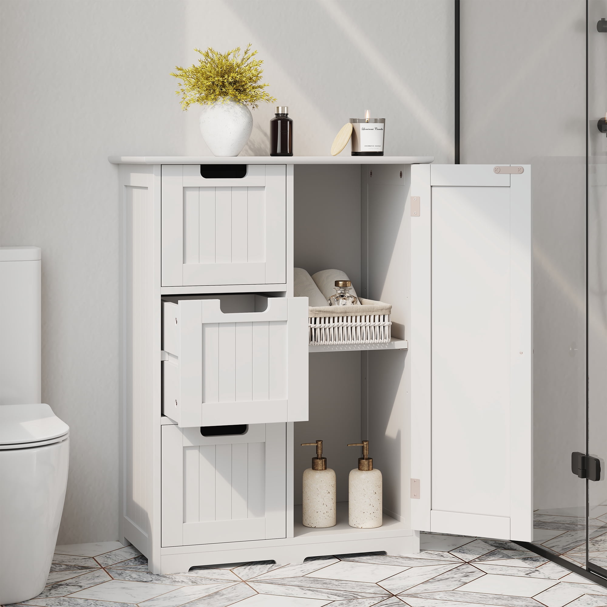edx Bathroom Floor Cabinet, Wooden Storage Cabinet with 3 Drawers and a Cupboard, Freestanding Cupboard for Bathroom, Living Room, Office, White