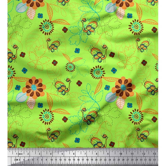 Soimoi Cotton Voile Fabric Leaves,Floral & Peacock Hand Drawn Print Fabric by the Yard 42 Inch Wide