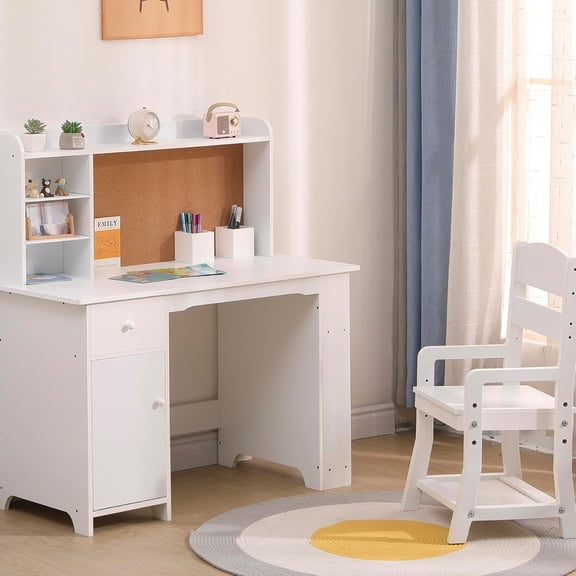 Senfot Desk and Chair Set, Study Table with Storage Shelf and Bulletin Board, Writing Table for Boys and Girls, Ideal for School Learning, White