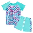 thumbnail image 1 of PMVFHDE Girls Scale Print Swim Set | Short Sleeve Rash Guard & Swim Shorts | Kids UV Protection Bathing Suit Sky Blue,10-12 Years, 1 of 9
