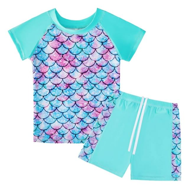 PMVFHDE Girls Scale Print Swim Set | Short Sleeve Rash Guard & Swim Shorts | Kids UV Protection Bathing Suit Sky Blue,10-12 Years