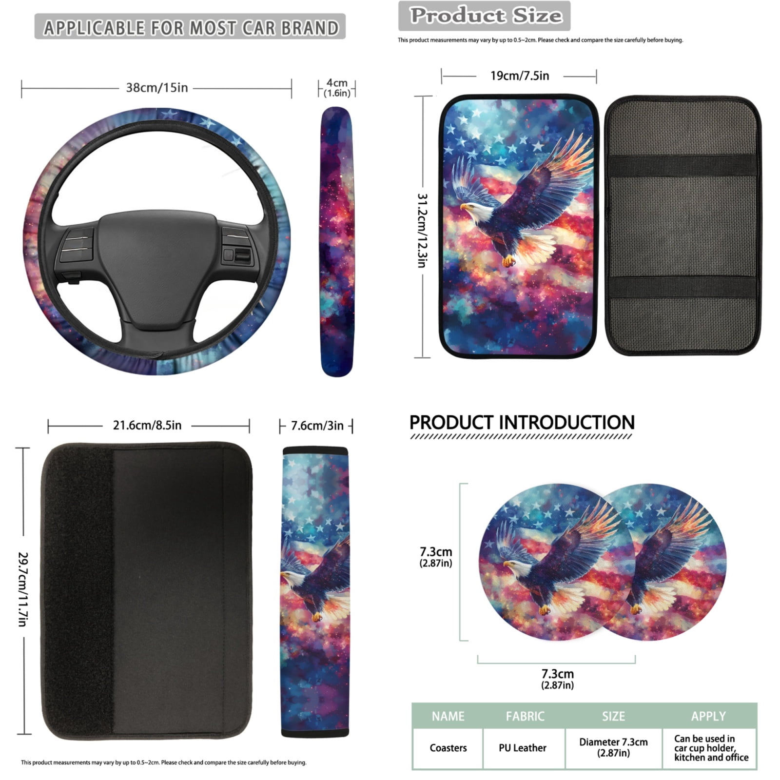 Binienty American Flag Bald Eagle Auto Seat Covers with Matching Automotive Armrest Cover Center Console Cushion Car Seat Belt Shoulder Strap Covers Keychain Vehicle Interior Decor Set​