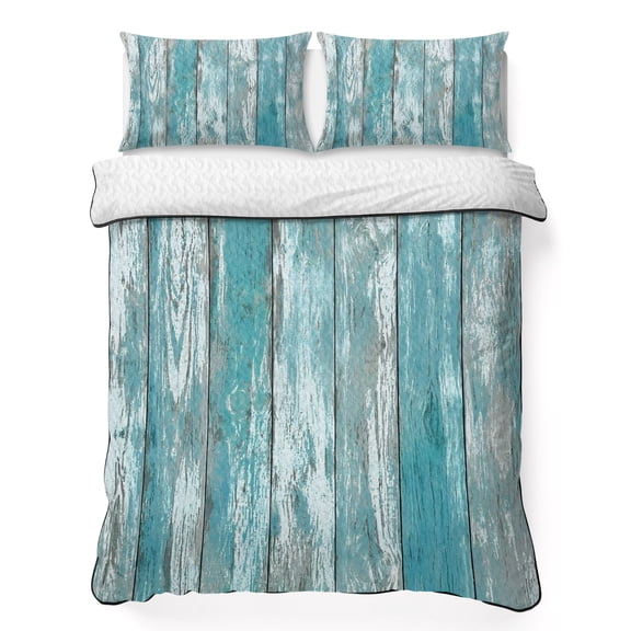 Quilts Full Size Bedding Set, Turquoise Grey Lightweight Quilted Comforter, Farmhouse Cabin Barn Wooden Grain Soft Reversible Bedspread Coverlet with Pillow Covers for All Season, 78" x 90"