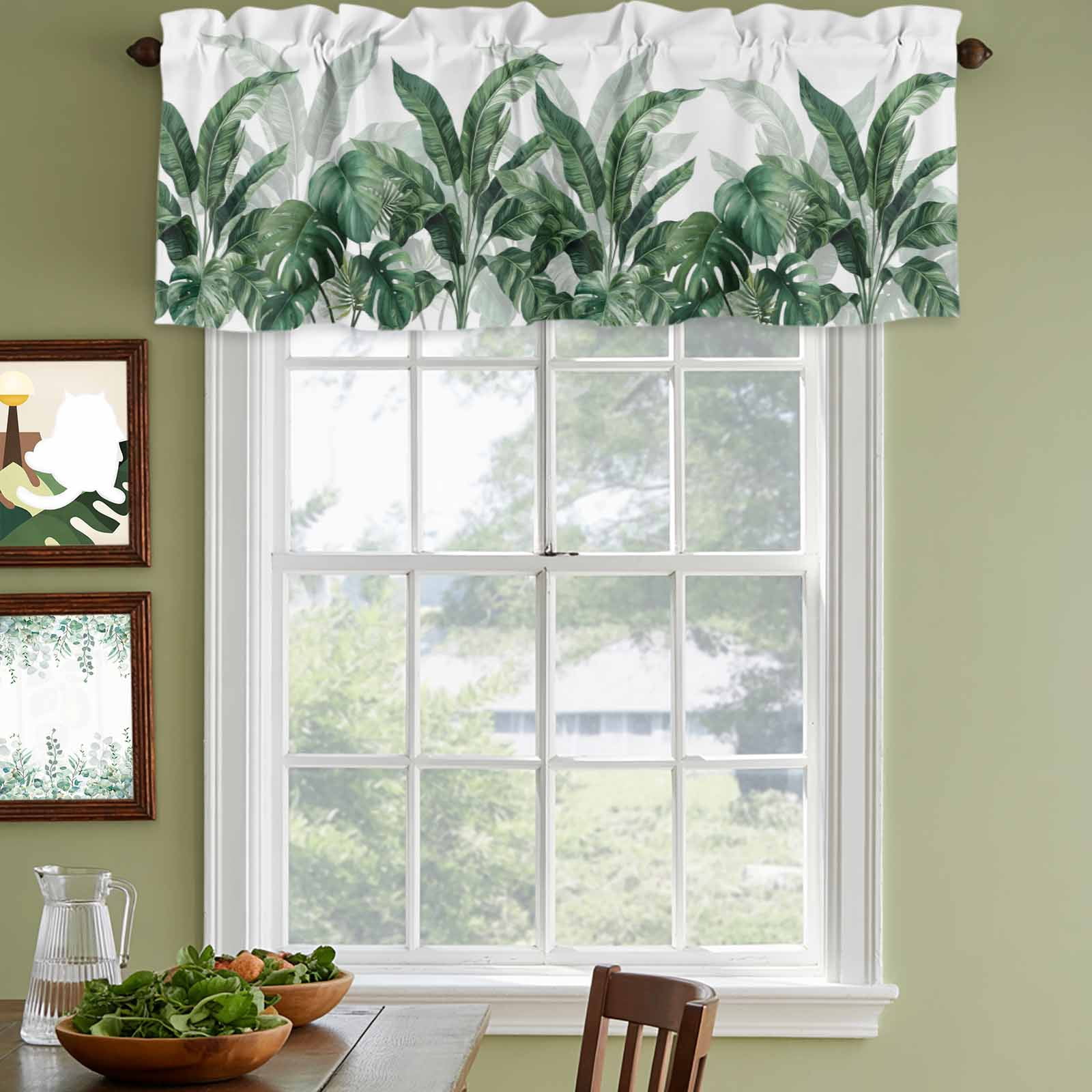 2 Pack Valances for Windows, Palm Leaves Tropical Window Valances for Living Room/Bedroom/Bathroom, Green Botanical Summer Light Filtering Kitchen Curtain Valance Window Treatment 60"W x18" L