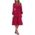 thumbnail image 2 of Vestido V de Cuello en V Inspire Chic para Mujeres con Mangas de Linterna, Volantes, Corte A, Elegante, Casual, Midi, L Rojo Oscuro, 2 of 6